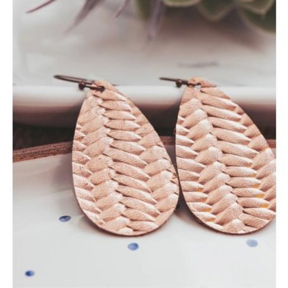 Metallic Copper Leather Rose Gold Teardrop Earrings Handmade New